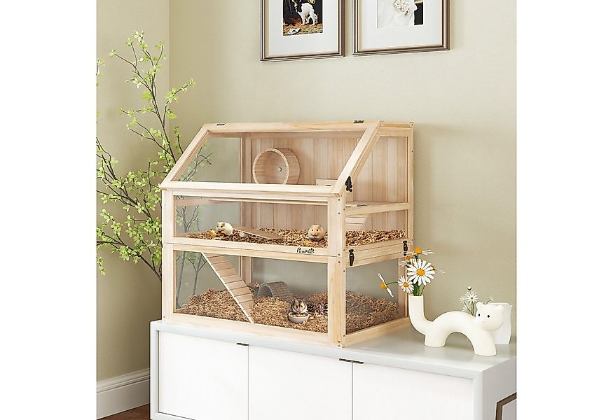 PawHut Kleintierkäfig aus Holz, 3 Etagen, mit klappbarem Deckel, Laufrad, f günstig online kaufen