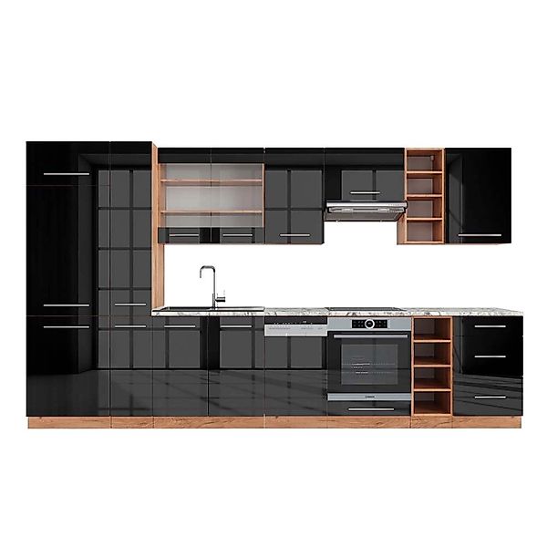 Vicco Fame-Line Küchenzeile Anthrazit Hochglanz/Goldkraft Eiche 355 cm AP M günstig online kaufen