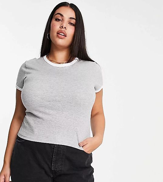 Brave Soul Plus – Claudia – T-Shirt mit kontrastierenden Abschlüssen-Grau günstig online kaufen