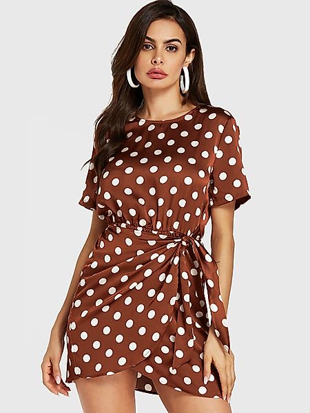 Brown Polka Dot Knotted Design Wickelsaum Kleid günstig online kaufen
