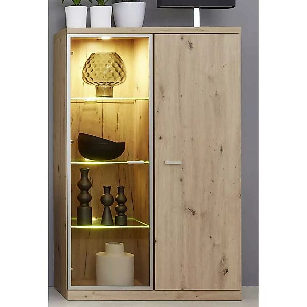 Wohnzimmervitrine modern in Wildeichefarben LED Beleuchtung günstig online kaufen