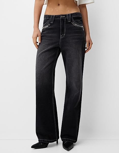 Bershka Wide-Leg 90'S Jeans Mit Nieten Damen 38 Schwarz günstig online kaufen