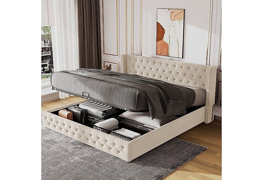 OKWISH Polsterbett Doppelbett Stauraumbett, Kiefernholz Flanell 180*200cm O günstig online kaufen