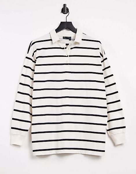 ASOS DESIGN – Oversize-Polo-T-Shirt in Ecru/Schwarz gestreift-Weiß günstig online kaufen
