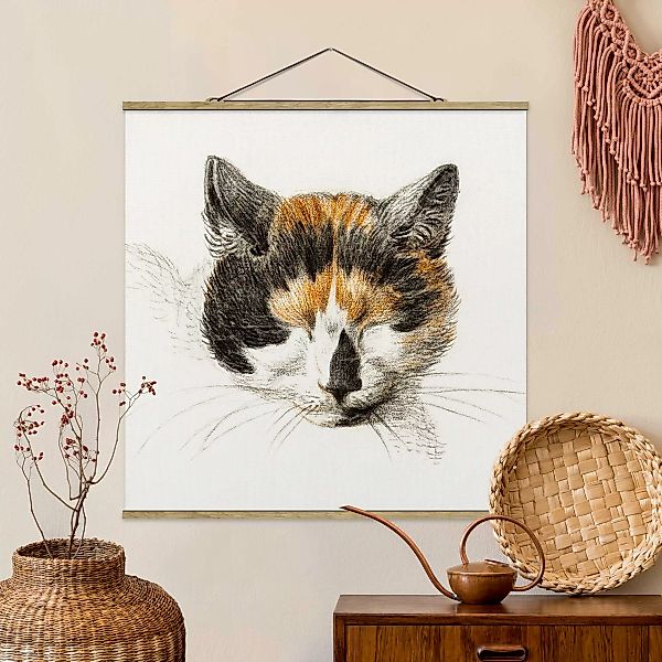 Stoffbild Tiere mit Posterleisten - Quadrat Vintage Zeichnung Katze IV günstig online kaufen