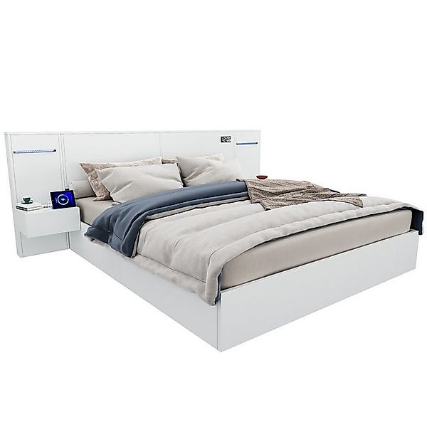 OKWISH Holzbett Holzbett mit 2 Nachttischen, Farblichtleiste (Doppelbett, F günstig online kaufen