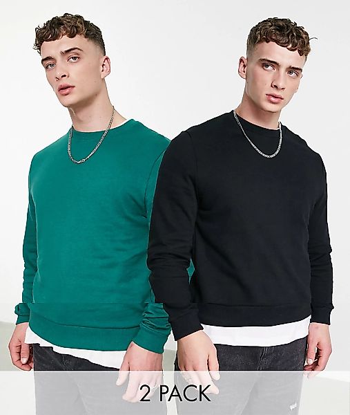 ASOS DESIGN – 2er-Pack Sweatshirts in Grün/Schwarz-Mehrfarbig günstig online kaufen