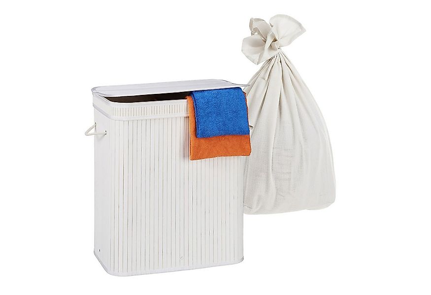 relaxdays Wäschekorb Bambus Wäschekorb mit 2 Fächern, weiß günstig online kaufen