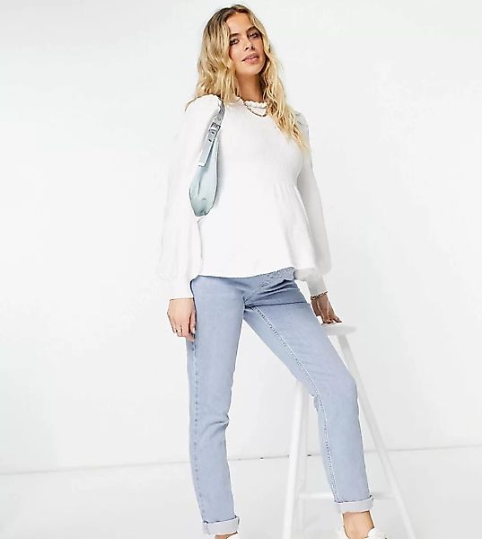 ASOS DESIGN Maternity – Pullover in Weiß mit Rüschenkragen und gerafftem Ba günstig online kaufen