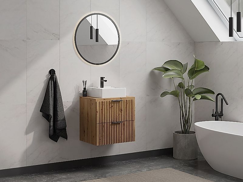 Waschbeckenunterschrank hängend mit Ablagen & Aufsatzwaschbecken quadratisc günstig online kaufen