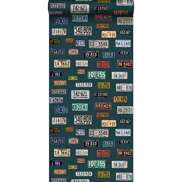 ESTAhome XXL-Vliestapete Nummernschilder im Vintage-Look Petrolblau 50 x 90 günstig online kaufen