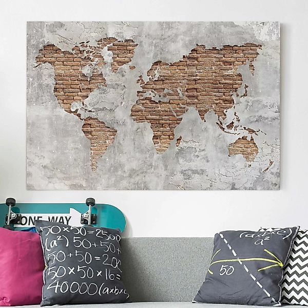 Leinwandbild Weltkarte - Querformat Shabby Beton Backstein Weltkarte günstig online kaufen