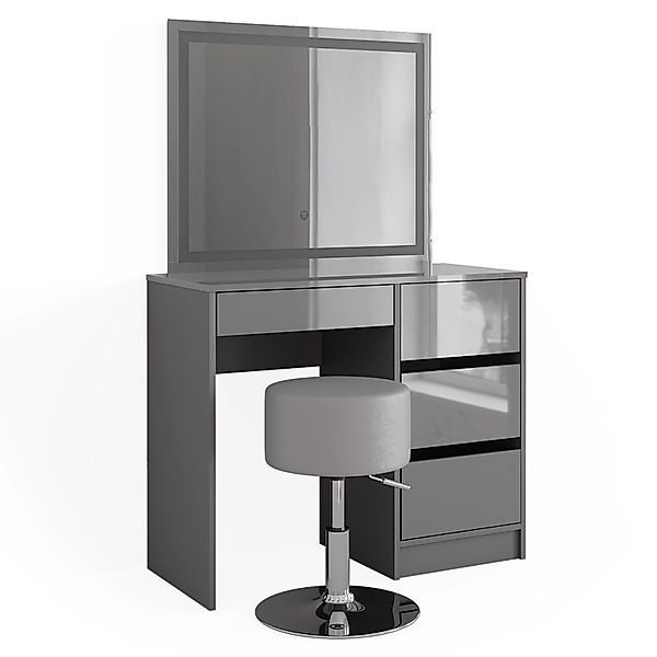 Vicco Schminktisch Sherry Grau/Grau Hochglanz 90 cm mit LED Spiegel und Hoc günstig online kaufen