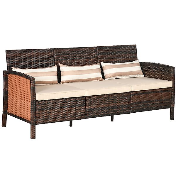 Outsunny Rattan Garten Loungesofa Dreisitzer mit Kissen, Stahlrahmen, braun günstig online kaufen