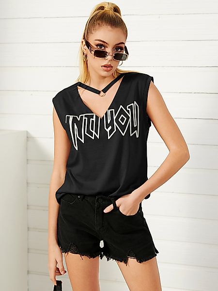 YOINS Casual Letter Ärmelloses T-Shirt mit V-Ausschnitt günstig online kaufen