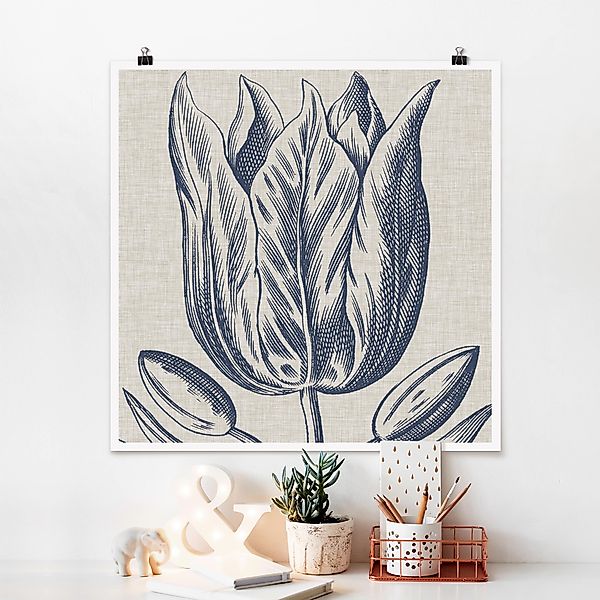 Poster - Quadrat Indigo Blüte auf Leinen II günstig online kaufen