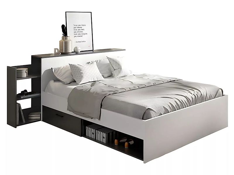 Bett mit Kopfteil & Stauraum & Schubladen - 140 x 190 cm - Weiß & Anthrazit günstig online kaufen