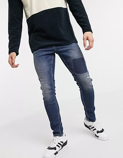 New Look – Enge Jeans mit Aufnäher in Blau günstig online kaufen
