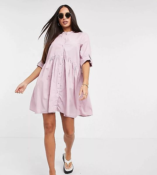 Only Tall – Mini-Hemdkleid aus Denim mit Grandad-Kragen in Rosa günstig online kaufen