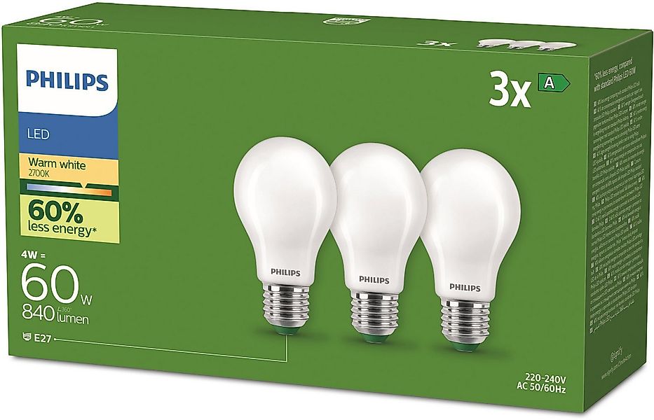 Philips LED-Leuchtmittel UltraEfficient 60W 2700K, E27, 3 St., Warmweiß günstig online kaufen