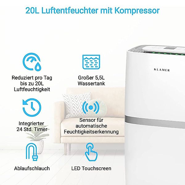 KLAMER Luftentfeuchter Elektrisch 20L, 195m³ Luftumwälzung günstig online kaufen