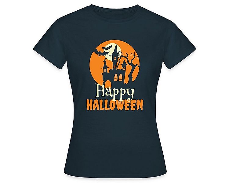 Spreadshirt T-Shirt Happy Halloween Spukhaus Mit Vollmond Und Fledermaus Fr günstig online kaufen