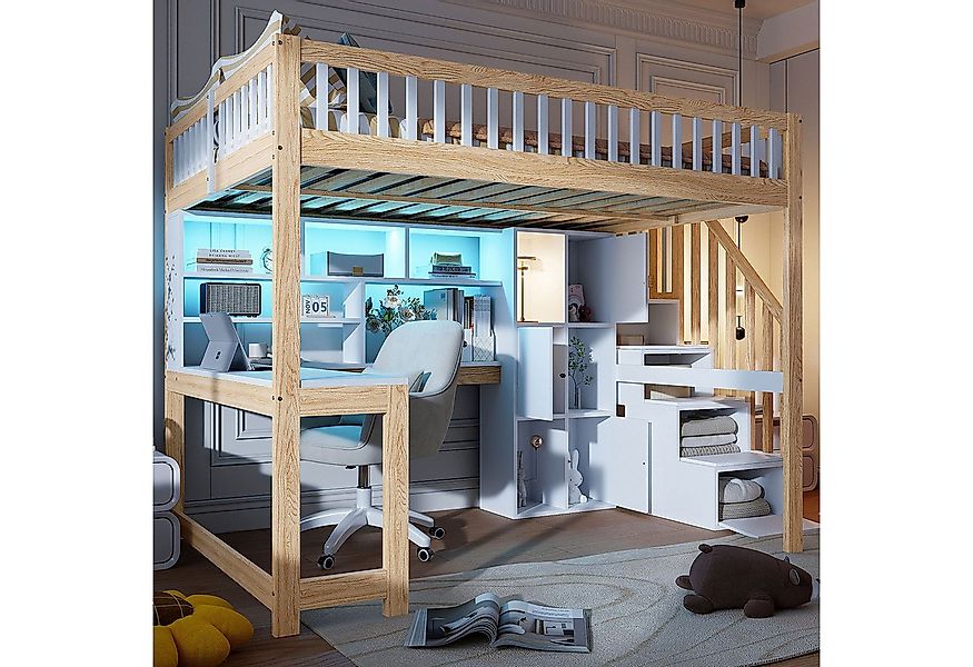 Merax Hochbett 140x200cm mit LED-Beleuchtung (1-St., Jugendbett Einzelbett günstig online kaufen