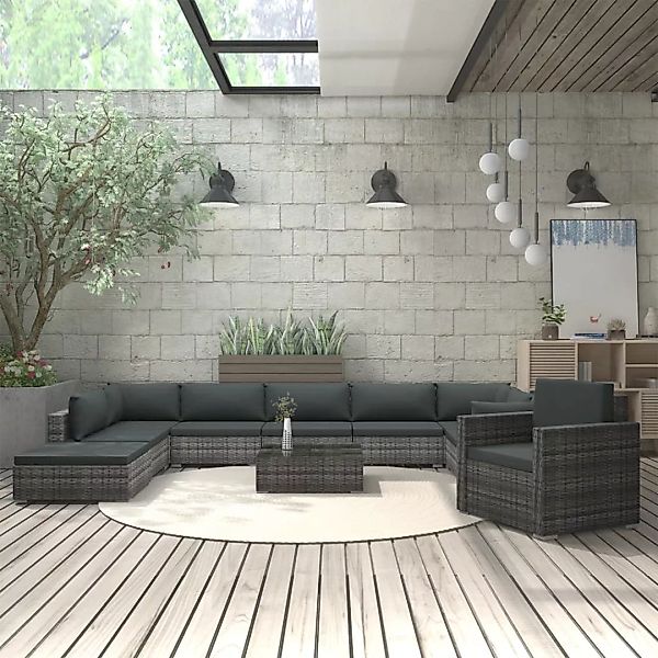 11-tlg. Garten-lounge-set Mit Auflagen Poly Rattan Grau günstig online kaufen