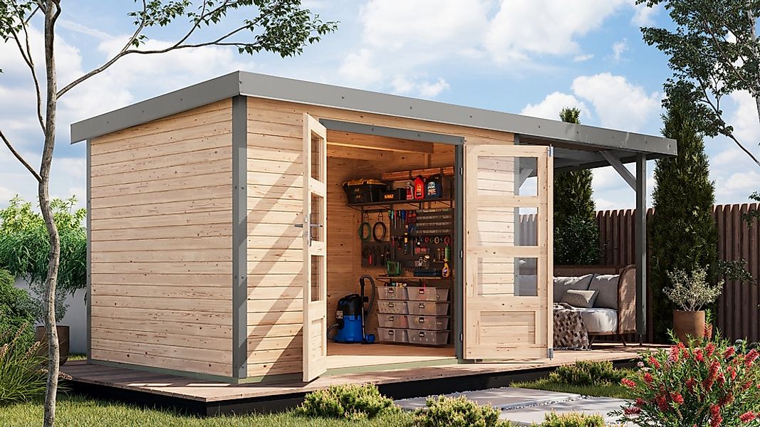 Karibu Gartenhaus ""Jupiter 4 A" SET naturbelassen, mit Anbaudach 2,35 m br günstig online kaufen