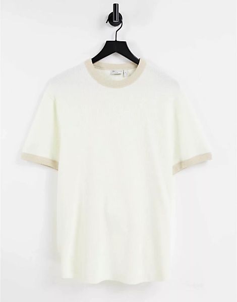 ASOS DESIGN – T-Shirt in Creme mit Waffelstruktur und beigefarbenen Abschlü günstig online kaufen