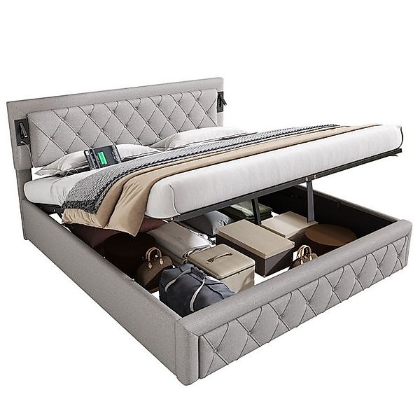 Gotagee Polsterbett Stauraumbett hydraulisches Doppelbett USB Leinen Grau m günstig online kaufen