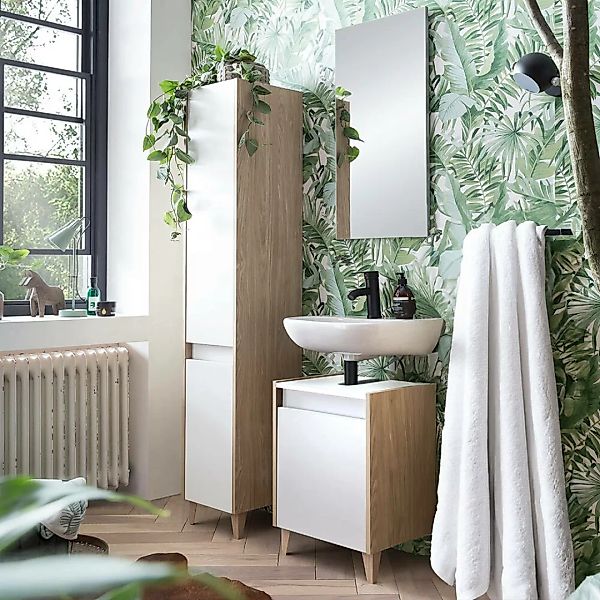Badmöbel Set mit Spiegel, weiß mit Eiche hell ESPOO-80, 3-teilig günstig online kaufen
