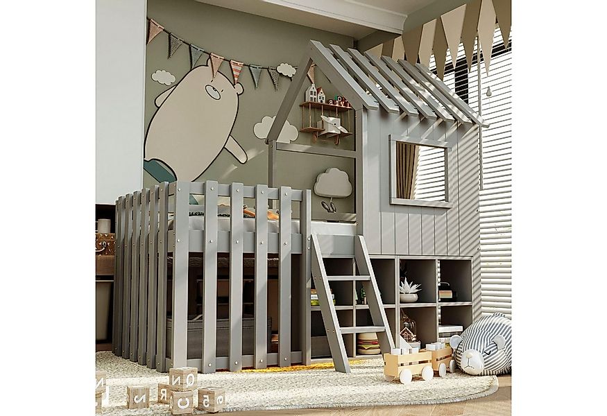 REDOM Kinderbett Hausbett aus Massivholz mit Dach, Fenster & Kletterleiter günstig online kaufen