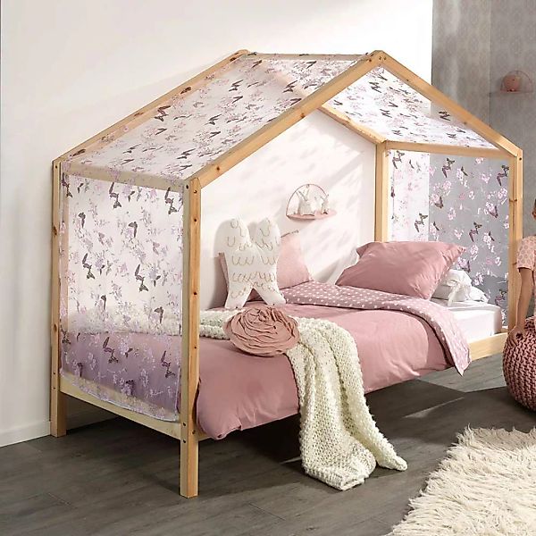 Haus Kinderzimmerbett aus Kiefer Massivholz Vorhang günstig online kaufen