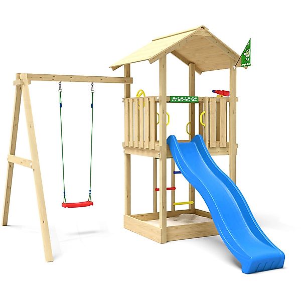 Jungle Gym Spielturm Beacon Holz mit Einzelschaukel Rutsche Blau günstig online kaufen