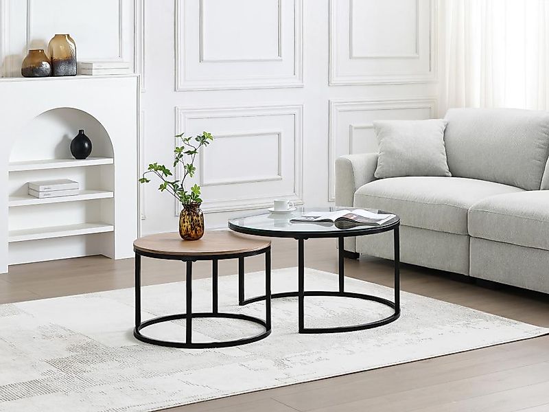 Couchtisch 2er-Set - MDF, Sicherheitsglas & schwarzes Metall - Transparent günstig online kaufen