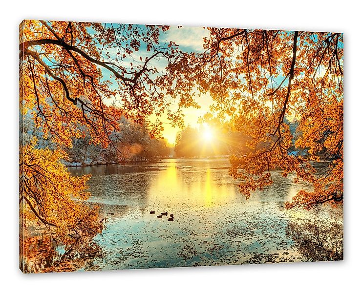 Pixxprint Leinwandbild Herbstbäume um See bei Sonnenuntergang, Herbstbäume günstig online kaufen