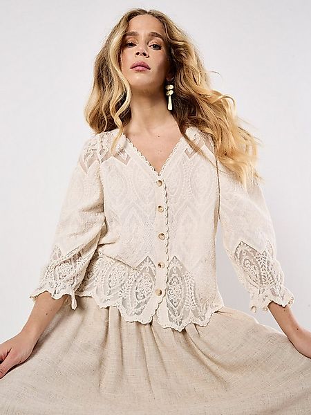 Apricot Spitzenshirt Blusenhemd mit floraler Spitze Stickerei günstig online kaufen