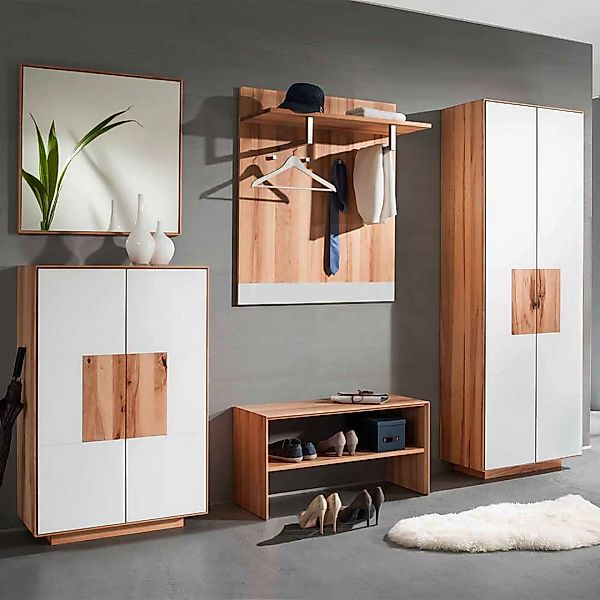 Komplett Garderoben Set in Weiß Kernbuche Massivholz (fünfteilig) günstig online kaufen