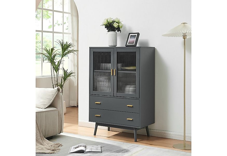 en.casa Vitrine »Susa« mit 2 Türen und 2 Schubladen 120 x 80 x 40 cm Grau günstig online kaufen
