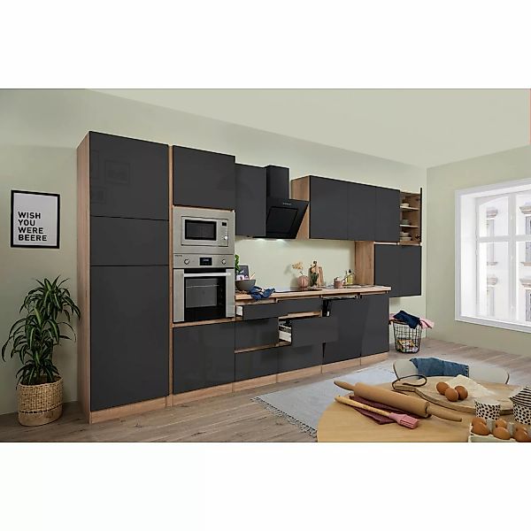 Respekta Premium Küchenzeile Grifflos 445 cm Grau Hochglanz-Eiche Sägerau günstig online kaufen