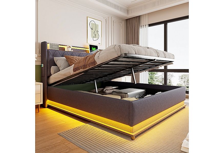 Merax Polsterbett mit LED-Beleuchtung & USB-Ladeanschluss (1-tlg., Hydrauli günstig online kaufen