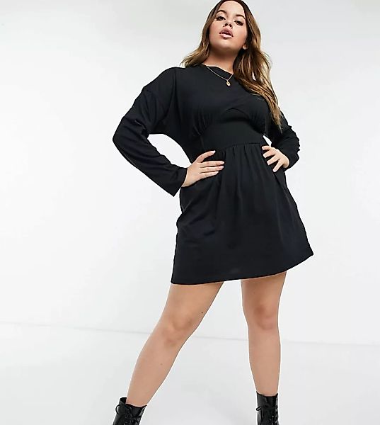 COLLUSION Plus – Langärmliges T-Shirt-Kleid mit Korsettdetail in Schwarz günstig online kaufen