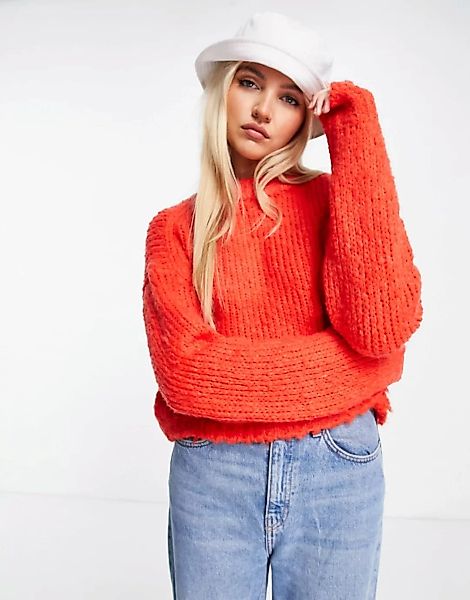 ASOS DESIGN – Kastiger Pullover in Rot mit grobmaschigem Strickdesign günstig online kaufen