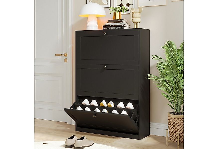 VOWNER Schuhschrank 3 Klappen, Schuhregal, 80 x 24 x 117 cm Schwarz günstig online kaufen