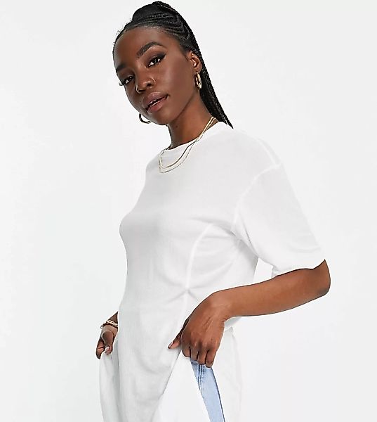 ASOS DESIGN Tall – Geripptes Oversize-T-Shirt in Weiß mit seitlichen Schlit günstig online kaufen