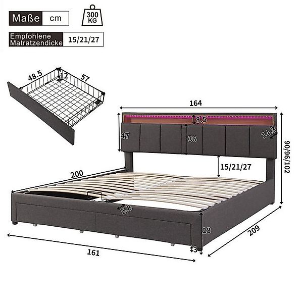 Flieks Polsterbett, LED Hydraulisches Doppelbett mit Schubladen 160x200cm L günstig online kaufen