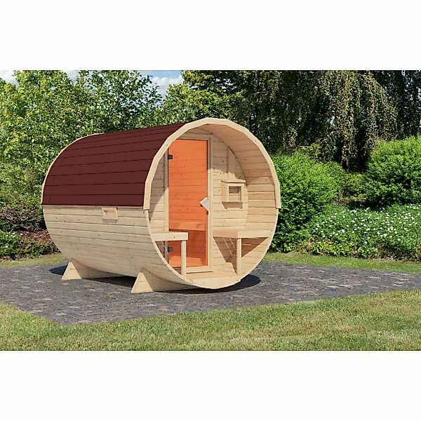 Karibu Fass-Sauna 2 Set Naturbelassen mit Schindeln Rot günstig online kaufen