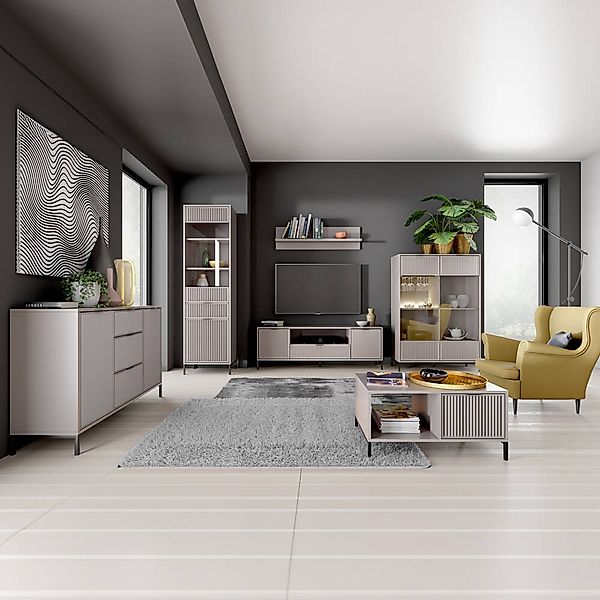 Wohnzimmer Set Kaschmir beige LAURO-161 modern mit Rillenoptik 6-teilig günstig online kaufen