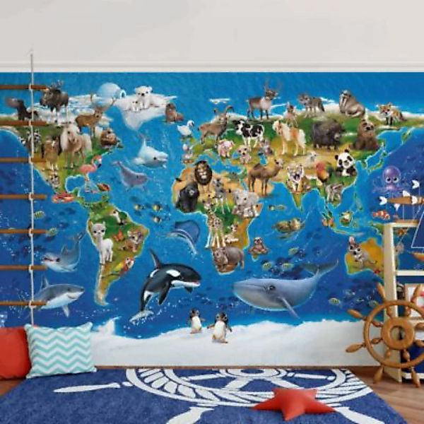 Bilderwelten Kindertapete Weltkarte mit Tieren bunt Gr. 480 x 320 günstig online kaufen